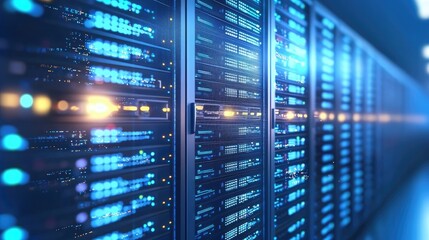 Blue glowing server racks in a dimly lit data center corridor, representing digital networks, data processing, cloud infrastructure, and high performance computing systems