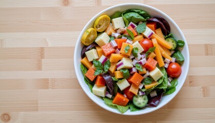 Fresh salad bowl with colorful vegetables and greens.