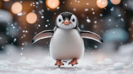 Fototapeta premium Adorable penguin chick waddling in snow, bokeh background.