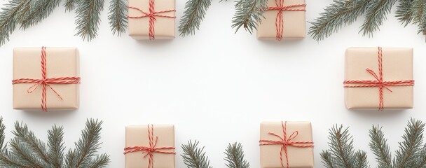 Christmas presents and pine branches arranged on a white background.  Wrapped kraft paper presents with red twine are framed by sprigs of evergreen