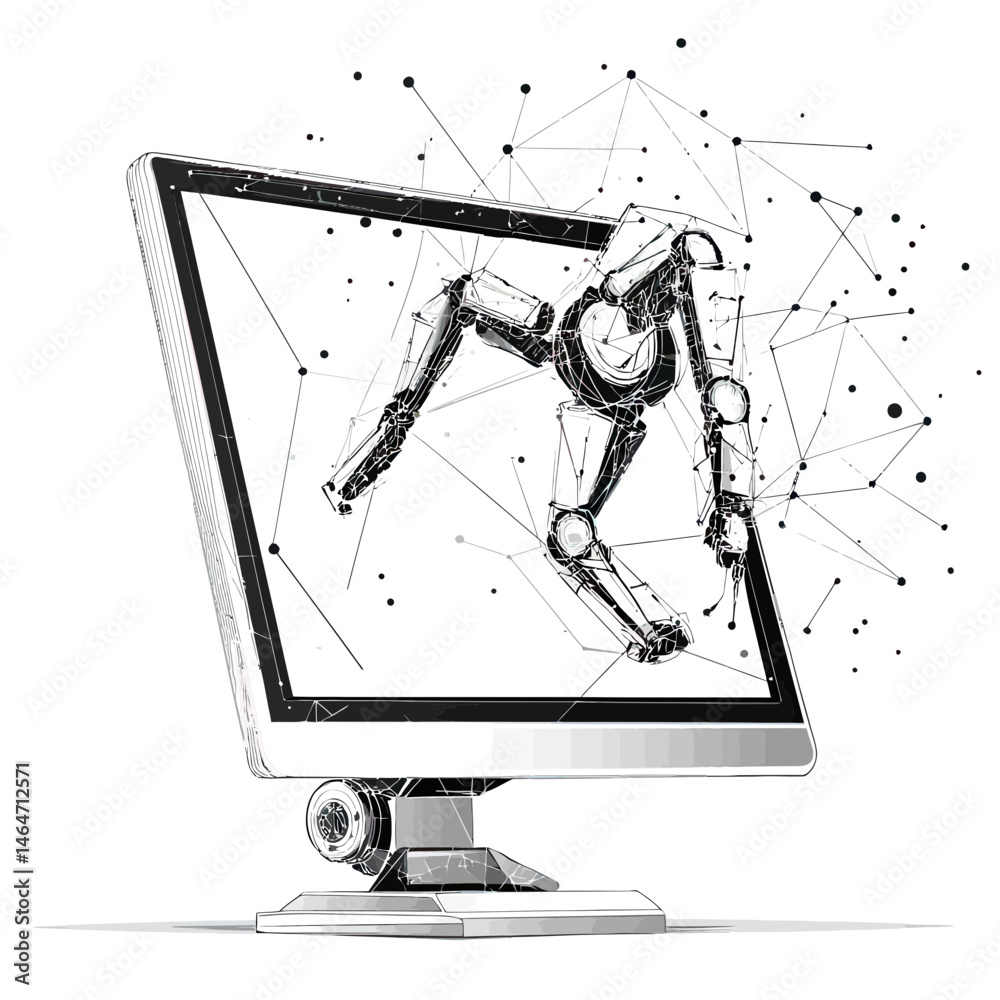 Poster futuristic robotic arm emerging from computer monitor with low poly wireframe technology and digital