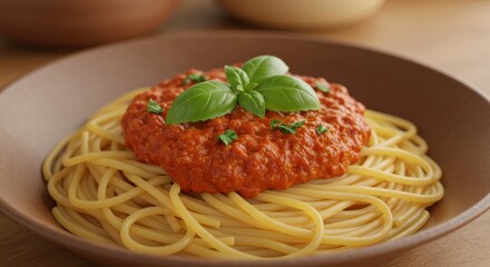 Spaghetti with tomato sauce and basil
