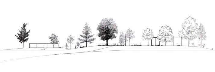 Minimalist landscape architectural drawing side view with variety of tree silhouettes and modern building outlines on curved terrain line vector illustration