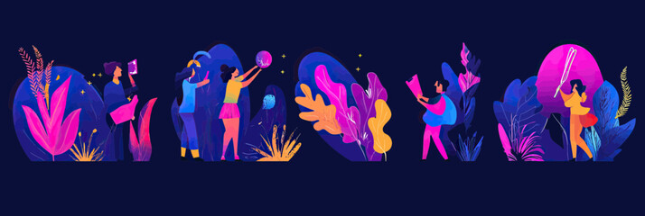 Abstract futuristic vector illustration of diverse people interacting with glowing plants, digital tablets, and spherical objects in vibrant purple and pink neon colors on dark background