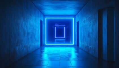 Neon signboard on brick wall in dark room. Abstract background.