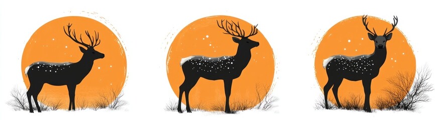 Three deer silhouettes, winter sunset, nature scene, wildlife card