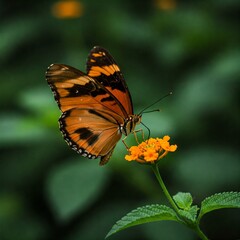 Striking Tiger-Striped Butterfly Sipping Nectar from a Vibrant Orange Lantana Bloom in a Lush Green Garden Setting