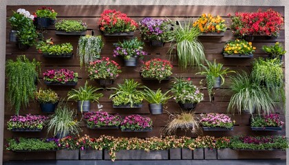 Obraz premium vertical garden wall decor a stunning vertical garden wall showcasing a variety of lush greenery and colorful flowers in tiered planters perfect for adding a touch of nature to any space