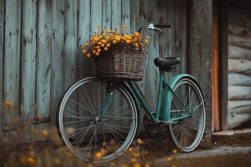 Vintage bike with flower basket against wooden wall