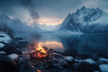 Naklejka premium Winter campfire by a serene lake, mountain backdrop