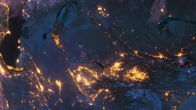 Planet Earth at Night. Central Asia. View from Space Orbit. Night Globe