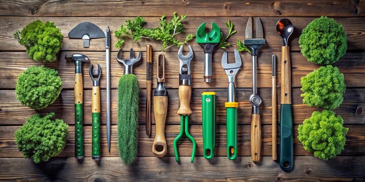 Gardening tools and vibrant green moss arranged on rustic wooden surface, showcasing a collection of hand tools for cultivating plants and maintaining a garden