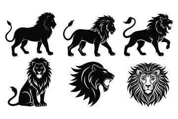 Black Silhouette Lion Collection, Walking and Head Designs
