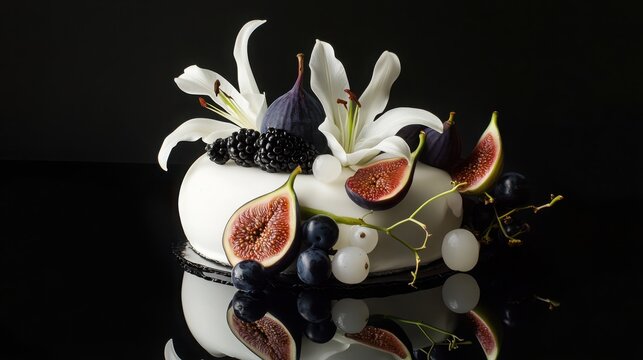 A surreal, gravity-defying cake where fresh figs, grapes, and blackberries appear to be floating around the composition, delicately intertwined with white lilies. 