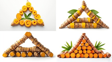 Turmeric root arrangements in triangular shapes