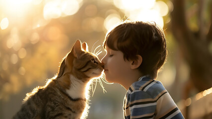 Young boy interacting with cat in warm light