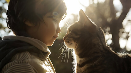 Young boy interacting with cat in warm light