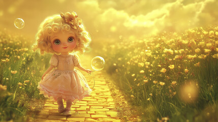 Fototapeta premium A girl in a pink dress walks along a cobblestone path in a field of flowers, holding a bubble wand. The scene is bright and sunny.