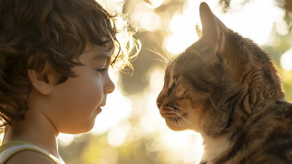 Young boy interacting with cat in warm light