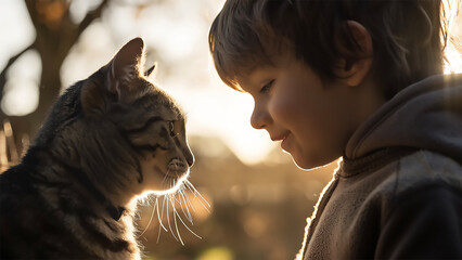 Young boy interacting with cat in warm light