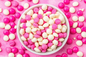 Bowl of round, multicolored candies.  Pink and white  coated candies in a white bowl.  Many scattered on surface