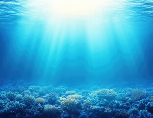 Underwater coral reef scene. Sunlight beams through the water, illuminating a vibrant coral reef bed