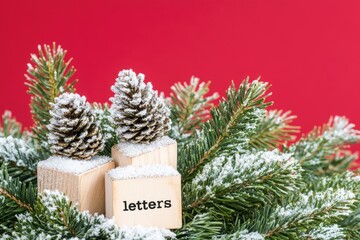 Wooden blocks with letters, adorned with pine cones and snow-covered fir branches, set against a red backdrop