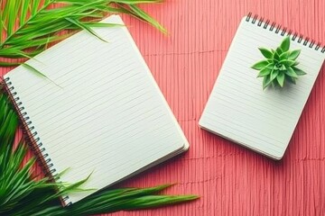 Two blank notebooks,  a small succulent plant, and palm fronds on a vibrant coral-colored mat.  Empty pages, ready for writing or drawing, and a calming natural setting