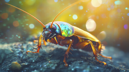 Fototapeta premium A close-up of a colorful, shiny cockroach with long antennae, standing on a rough surface, illuminated by soft, glowing light.