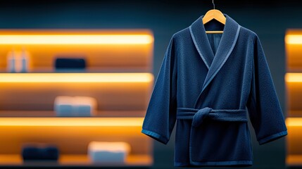 Dark blue robe hanging on wooden hanger in a spa-like setting