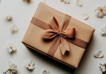 A light beige gift box with a bronze ribbon, adorned with white flowers