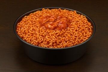 Spicy, savory noodles in a black bowl.  A generous portion of cooked,  orange-red noodles, topped with a  sauce and meat,  is nestled within a dark bowl
