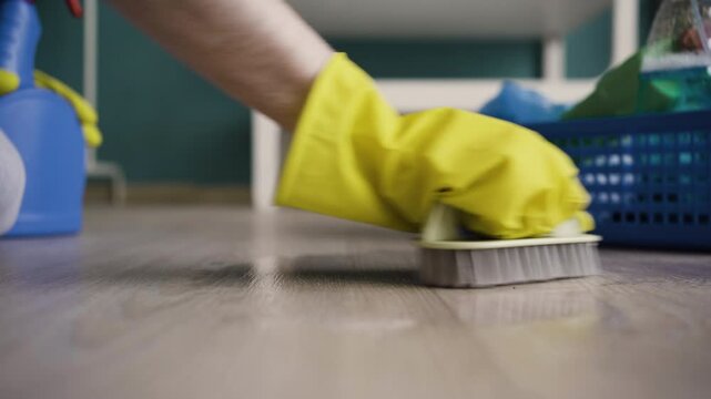Close-up of male hand wearing yellow glove using brush to wash floor, housework and housekeeping