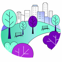 Urban park landscape with benches and trees in a colorful illustration