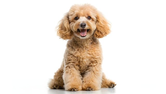 Headshot portrait photography of a cute poodle being at a spa against a white background. With generative AI technology