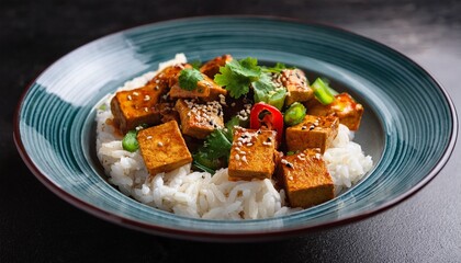 a vibrant bowl of deliciously seasoned tofu served with fluffy white rice and fresh vegetables garnished with herbs for a nutritious meal