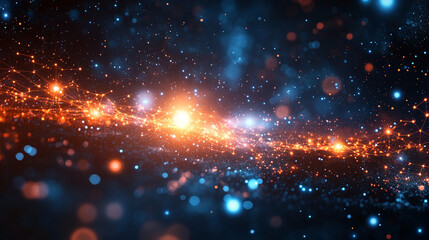 Abstract cosmic nebula, glowing particles, network of light streams, vibrant colors, orange and blue.