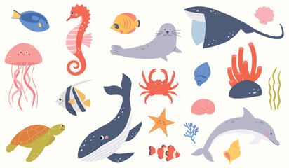 Set of vector hand drawn sea animals and plants. Ocean underwater aqua life elements jellyfish,sea turtle, horse,seal,whale,dolphin,starfish,crab,coral,seaweed,shell on isolated white background.