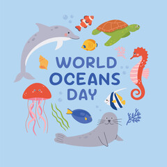 Fototapeta premium World oceans day cards with underwater Scene. Happy Oceans day concept for poster,banner,template, social media,greeting cards.Vector illustration cartoon flat style