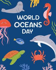 World oceans day cards with underwater Scene .Happy Oceans day concept for poster,banner,template, social media,greeting cards.Vector illustration cartoon flat style
