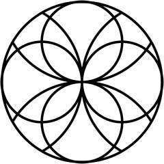 Geometric abstract design, interconnected curved black lines forming circular floral like symmetrical pattern.