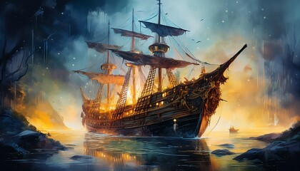 abandoned pirate ship glowing with cursed gold eerie fog watercolor style