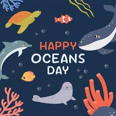 Save the Ocean. World oceans day. Underwater Scene with coral, seaweed, sea turtle,crab. Happy Oceans day concept for poster,banner,social media, greeting cards.Vector illustration cartoon flat style