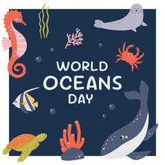 Save the Ocean. World oceans day. Underwater Scene with coral, seaweed, sea turtle,crab. Happy Oceans day concept for poster,banner,social media, greeting cards.Vector illustration cartoon flat style