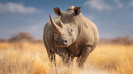 Obraz premium A large white rhino stands calmly in the middle of an African savannah, with a bright blue sky and golden dry grass in the background.