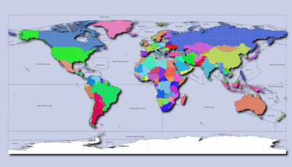 This map depicts the entire surface of the earth consisting of countries, surrounded by oceans. Countries are marked by their geographical areas with color gradations.