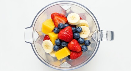 Fresh fruit medley in a clear blender ready for a healthy smoothie