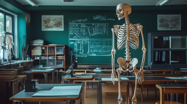 Science classroom with skeleton model
