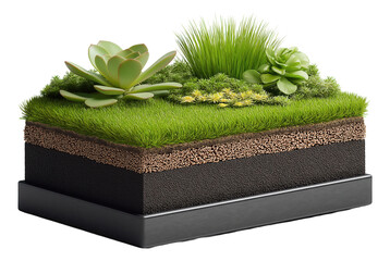 Cross-section illustration of a green roof with grass, plants, and soil layers on transparent background.