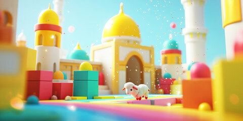 Bright animated mosque shaped like building blocks with a 3D lamb tumbling through the courtyard leaving a soft radial blur trail of rainbow sparkles in toy style animation